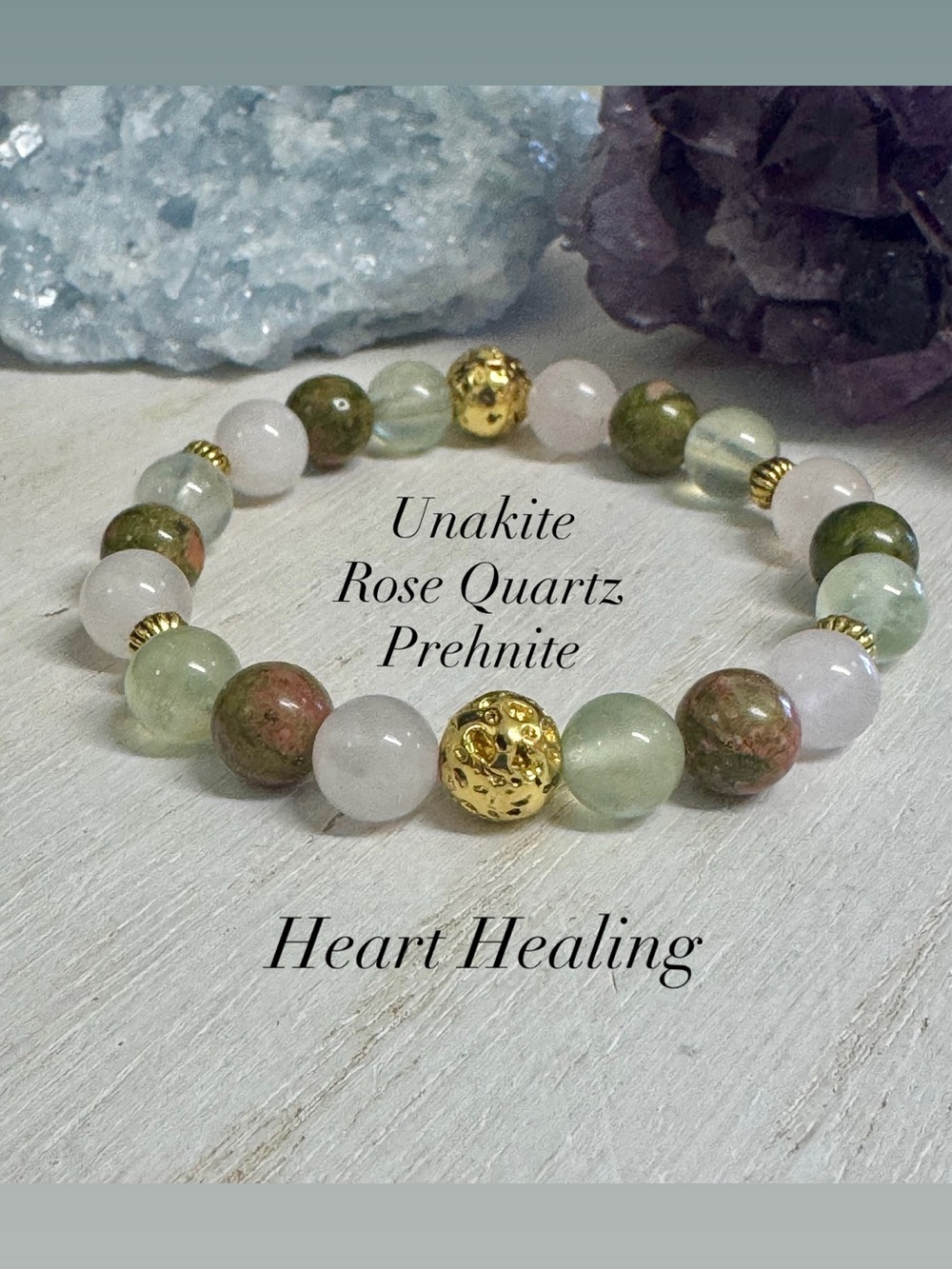 Unakite, Rose Quartz & Prehnite Gemstone Beaded Stretch Bracelet